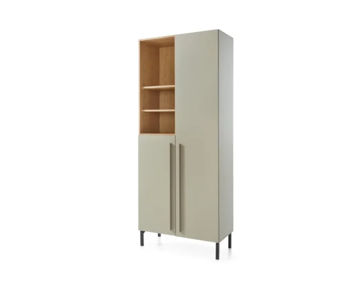 Moderner Sorento Schrank in Beige und Holz mit offenen Regalfächern und schwarzen Metallfüßen.