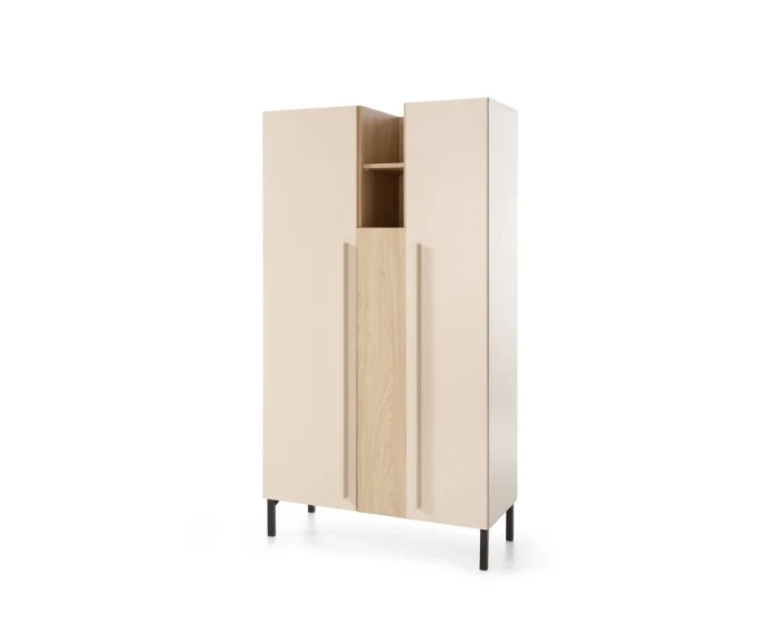 Zweitüriger Kleiderschrank in Beige mit Holz-Akzenten und schwarzen Metallbeinen.