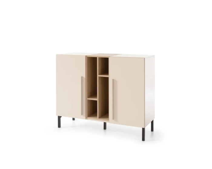 Moderner Highboard-Schrank in Beige mit mittigem Holzregal und schlanken schwarzen Metallbeinen.