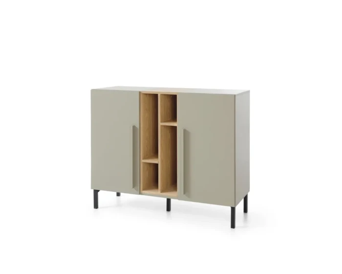 Modernes Sideboard in Hellgrün mit offenem Holzregal und schwarzen Metallfüßen.