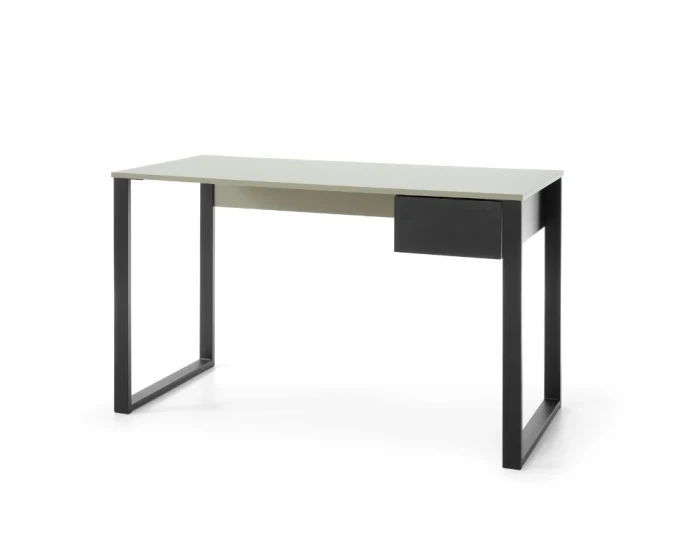 Moderner Schreibtisch in Hellgrau mit schwarzem Metallgestell und einer Schublade.
