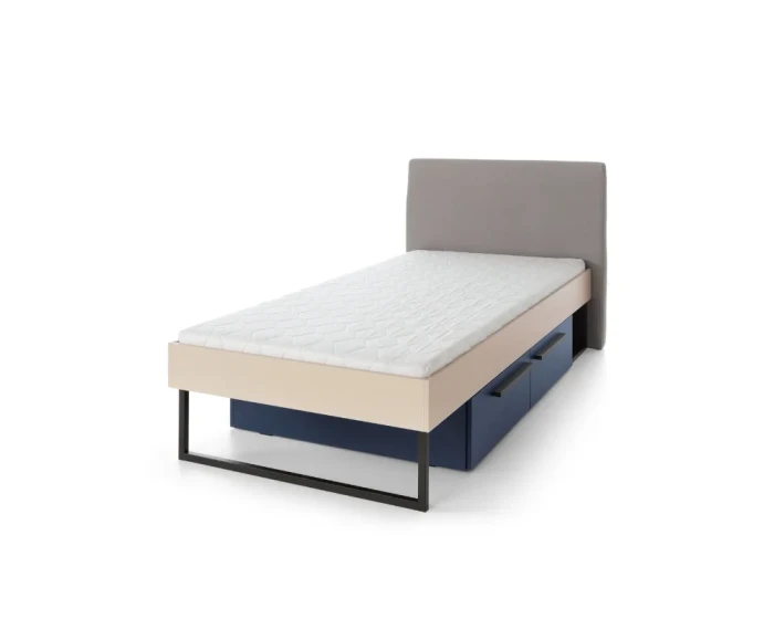 Sorento Funktionsbett in Beige mit grauem Kopfteil und blauen Bettschubladen auf weißem Hintergrund.