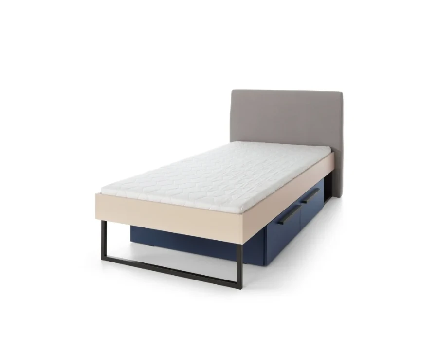Sorento Funktionsbett in Beige mit grauem Kopfteil und blauen Bettschubladen auf weißem Hintergrund.