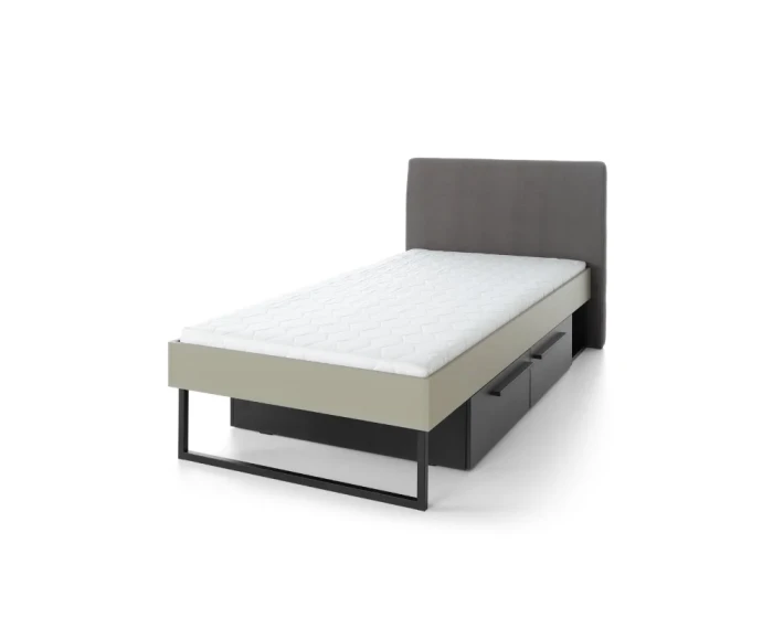 Modernes Einzelbett in Hellgrün mit grauem Polsterkopfteil und praktischen dunklen Schubladen.