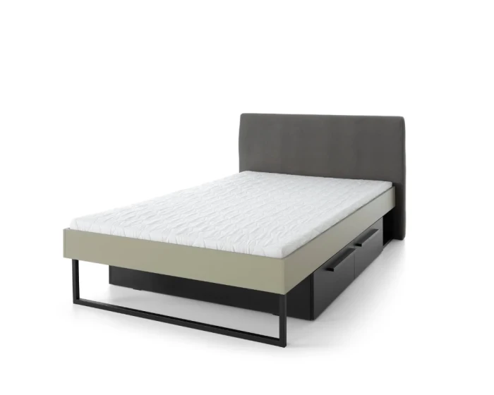 Modernes Jugendbett in Grau und Grün mit praktischen Bettschubladen für extra Stauraum.