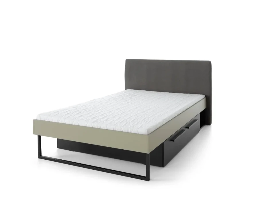 Modernes Jugendbett in Grau und Grün mit praktischen Bettschubladen für extra Stauraum.