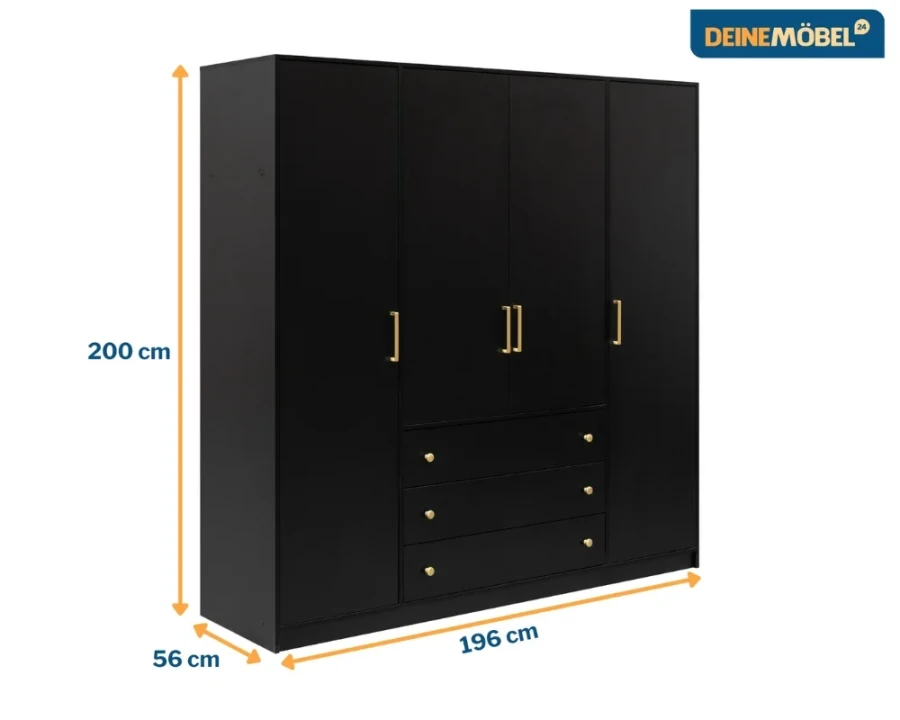 Moderner schwarzer Kleiderschrank, 4-türig mit goldenen Griffen. Maße: 200 x 196 x 56 cm.