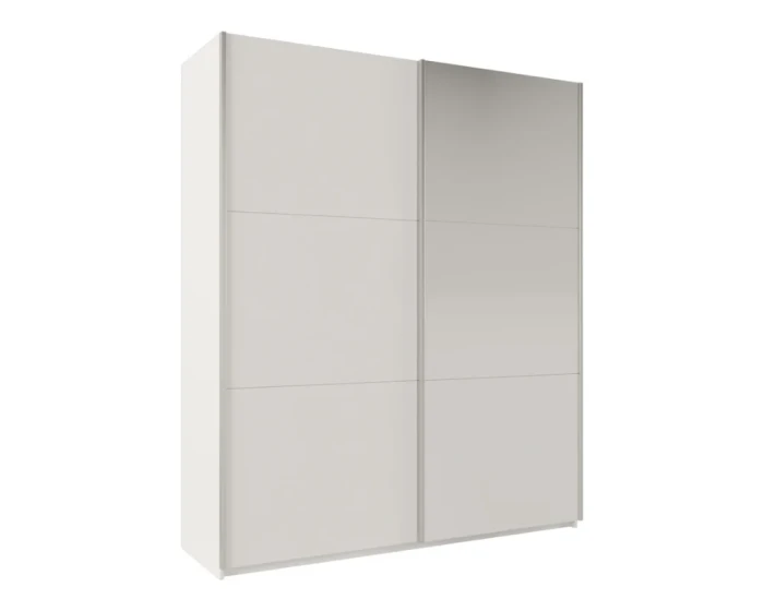 Moderne witte schuifdeurkast met subtiele lichtgrijze frontpanelen.