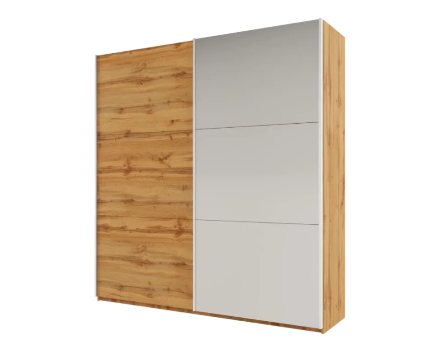 Schwebetürenschrank in Eiche-Nachbildung kombiniert mit grauen Paneelen.