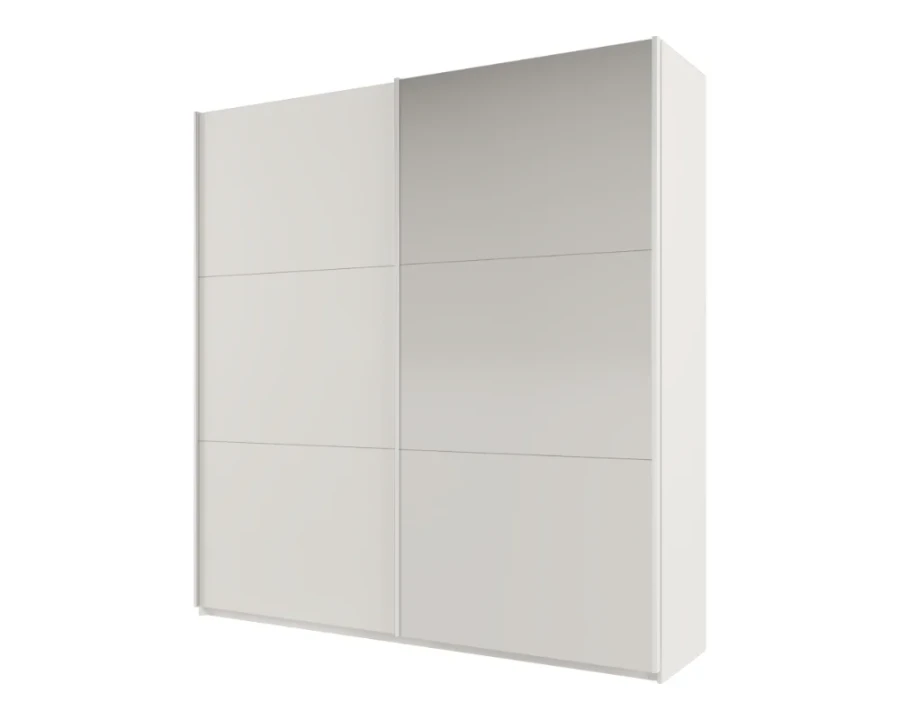 Moderner weißer Schwebetürenschrank mit zwei großen Schiebetüren für das Schlafzimmer.