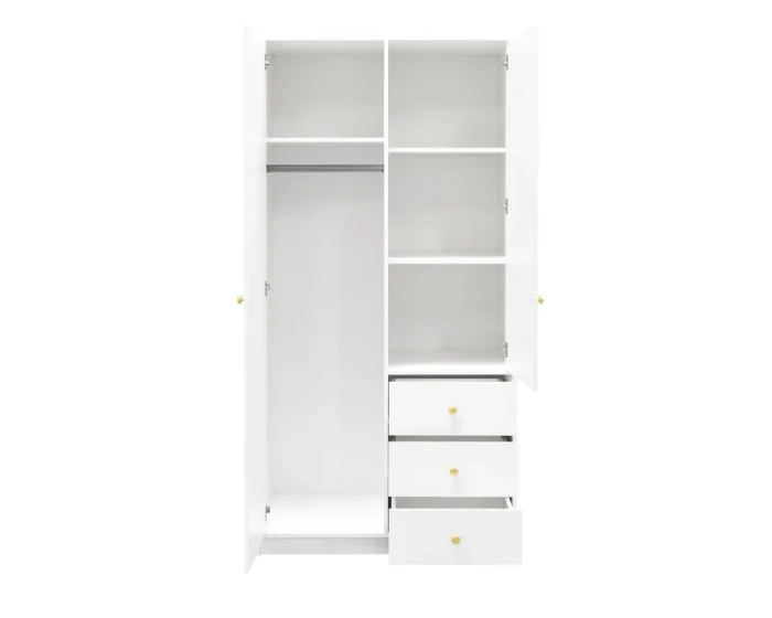 Offener weißer Kleiderschrank mit praktischer Inneneinteilung, Kleiderstange und Schubladen.