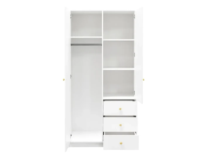 Open witte kleerkast met praktische indeling, kledingroede en lades.