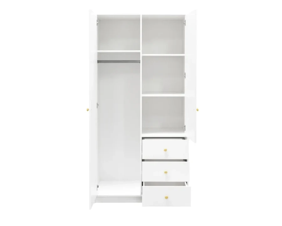 Offener weißer Kleiderschrank mit praktischer Inneneinteilung, Kleiderstange und Schubladen.