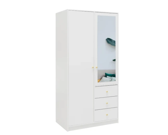 Moderner weißer Kleiderschrank mit Spiegel und drei Schubladen.