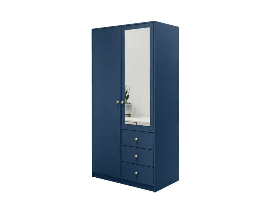 Dunkelblauer Kleiderschrank mit Spiegel und Schubladen, zeitloses Möbelstück.