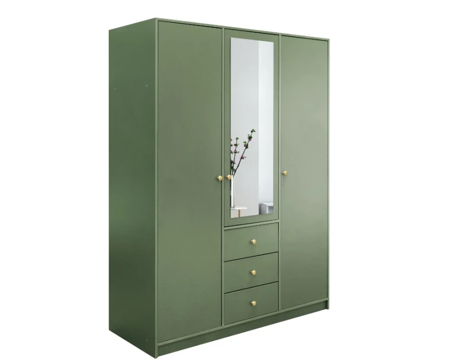 Grüner 3-türiger Kleiderschrank mit mittigem Spiegel und drei Schubladen.