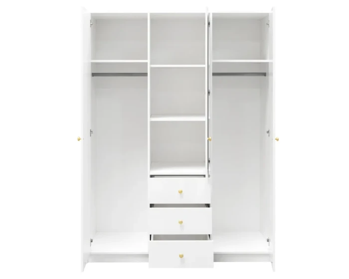 Weißer Kleiderschrank 3-türig offen mit Blick auf Innenausstattung und Schubladen