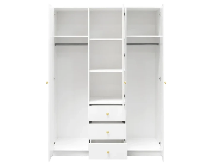 Witte kledingkast 3-deurs open met zicht op interieur en lades