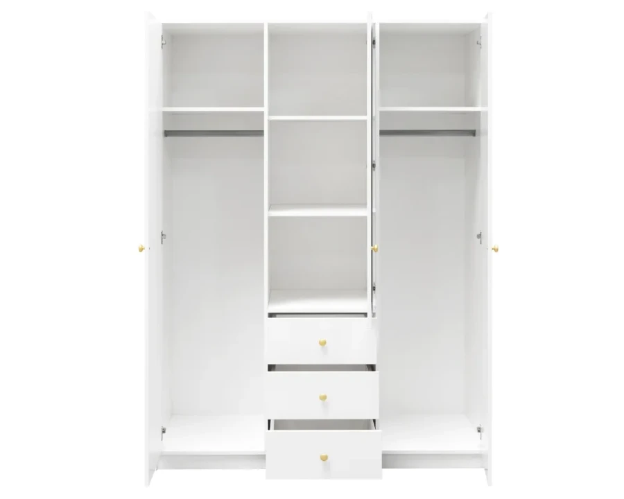 Weißer Kleiderschrank 3-türig offen mit Blick auf Innenausstattung und Schubladen
