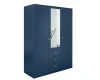 Dunkelblauer Kleiderschrank mit Spiegel und edlen goldenen Griffen.