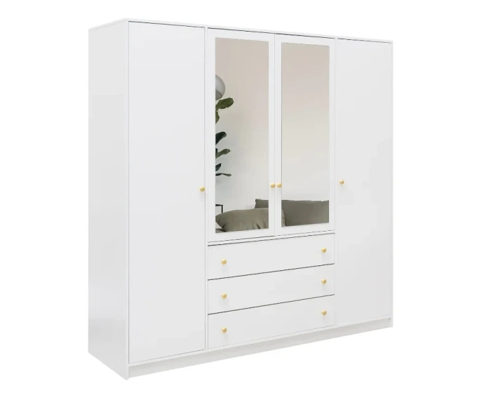 Weißer Kleiderschrank mit 4 Türen, 2 Spiegeln und 3 Schubladen mit goldenen Knaufgriffen.