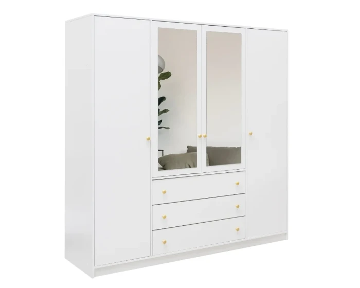 Witte kleerkast met 4 deuren, 2 spiegels en 3 lades met gouden knopgrepen.
