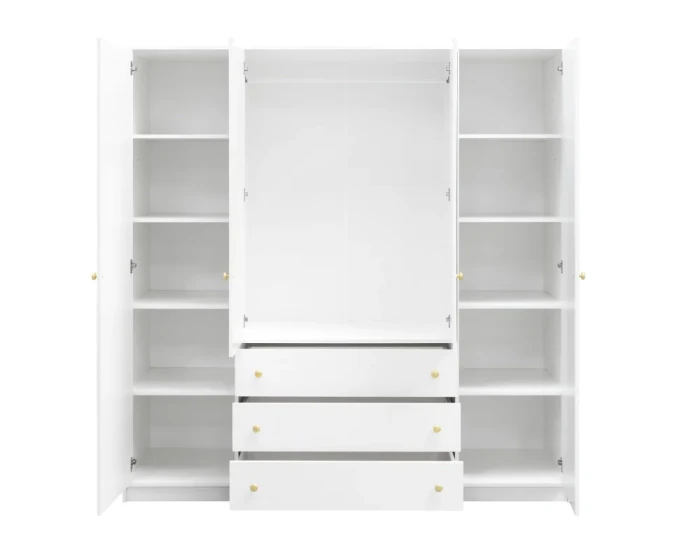 Open witte kast met legplanken, kledingstang en drie uitgetrokken lades.