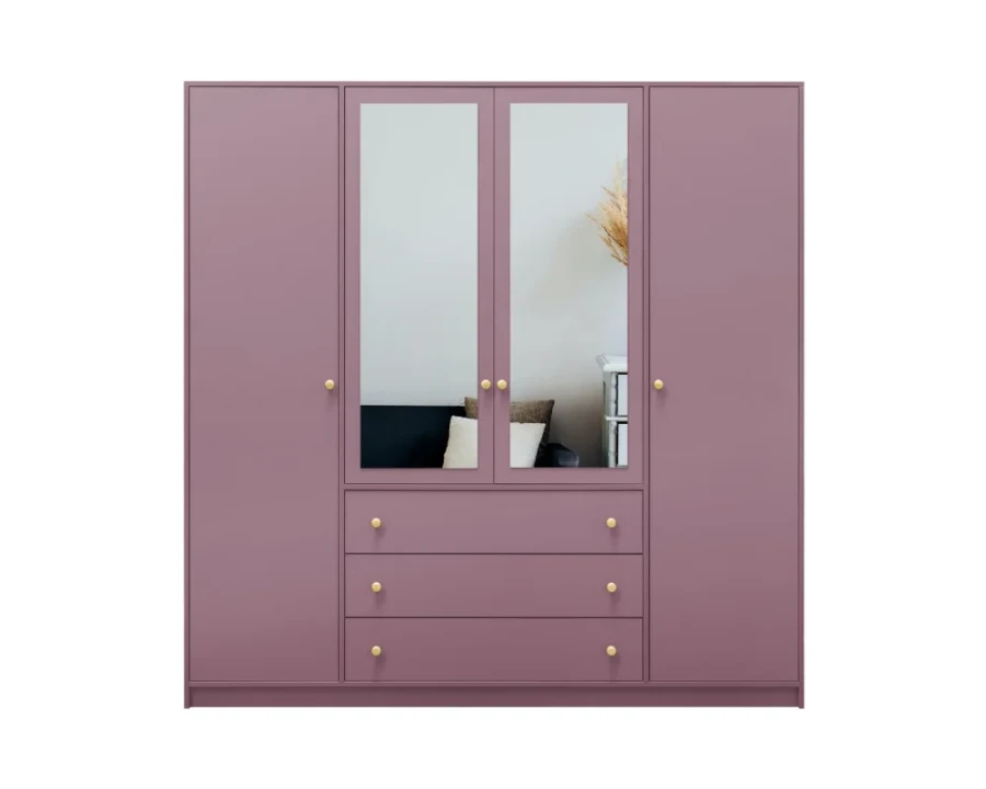 Moderner Schrank in Altrosa mit 4 Türen, Spiegelfront und goldenen Akzenten fürs Schlafzimmer.