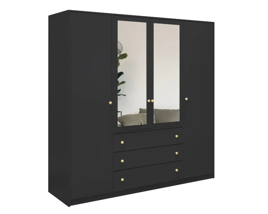 Anthrazitfarbener Kleiderschrank mit Spiegeln und Goldgriffen.