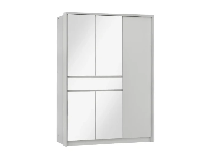 Lichtgrauer Kleiderschrank mit Spiegeltüren für das Schlafzimmer.