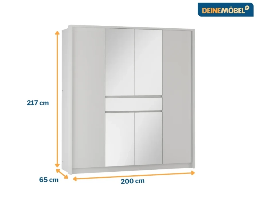 Maßskizze des Kleiderschranks mit Angaben zu Höhe (217 cm), Breite (200 cm) und Tiefe (65 cm).