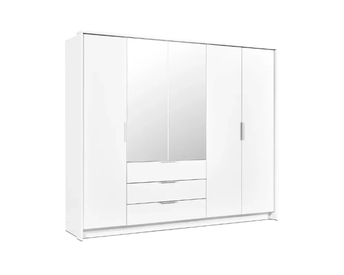 Viertüriger weißer Kleiderschrank mit zwei zentralen Spiegeltüren und drei Schubladen unten.