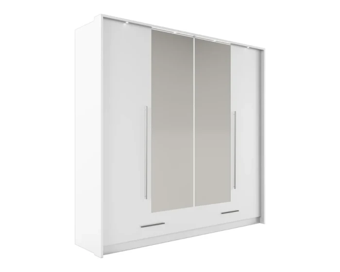 Moderner weißer Kleiderschrank mit zwei Spiegeln und Schubladen, isoliert.