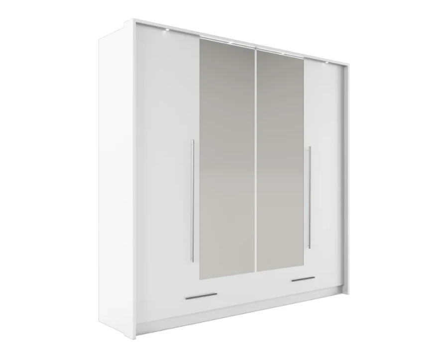 Moderner weißer Kleiderschrank mit zwei Spiegeln und Schubladen, isoliert.