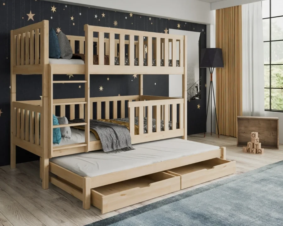 Natural wood Nemo bunk bed for children with functional pull-out guest bed and storage drawers.