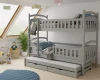 Graues Etagenbett für Kinder mit drittem Ausziehbett und Schubladen in modernem Kinderzimmer.