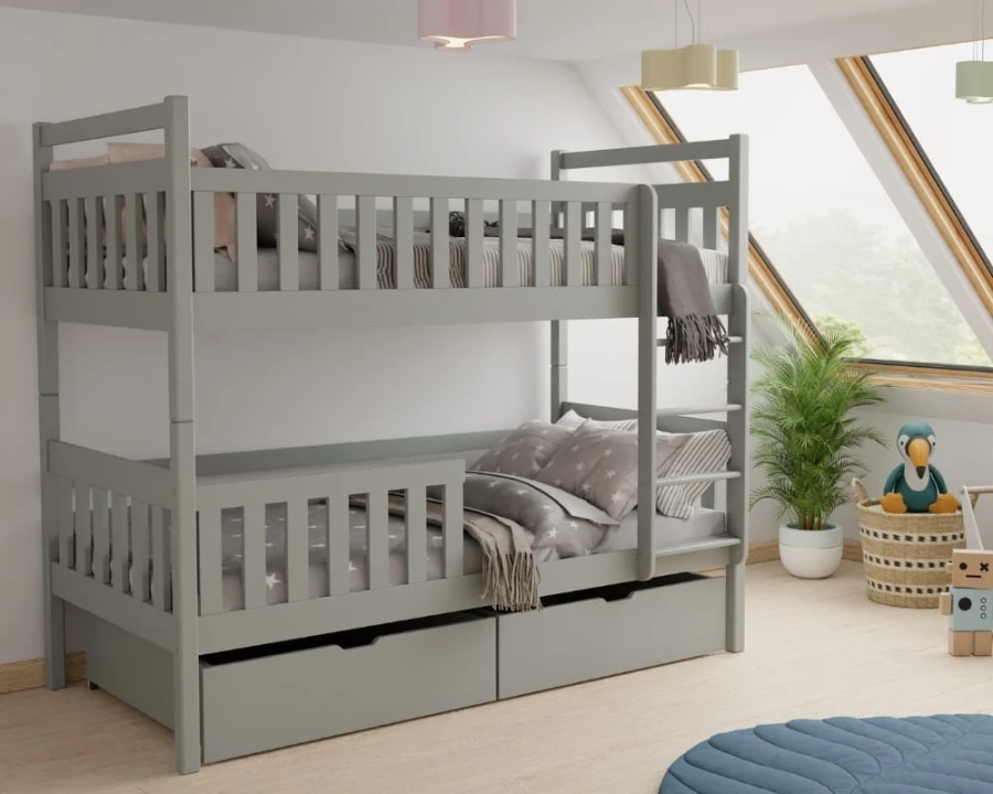 Modernes graues Etagenbett für Kinder mit Leiter und Schubladen, ideal für kleine Zimmer.