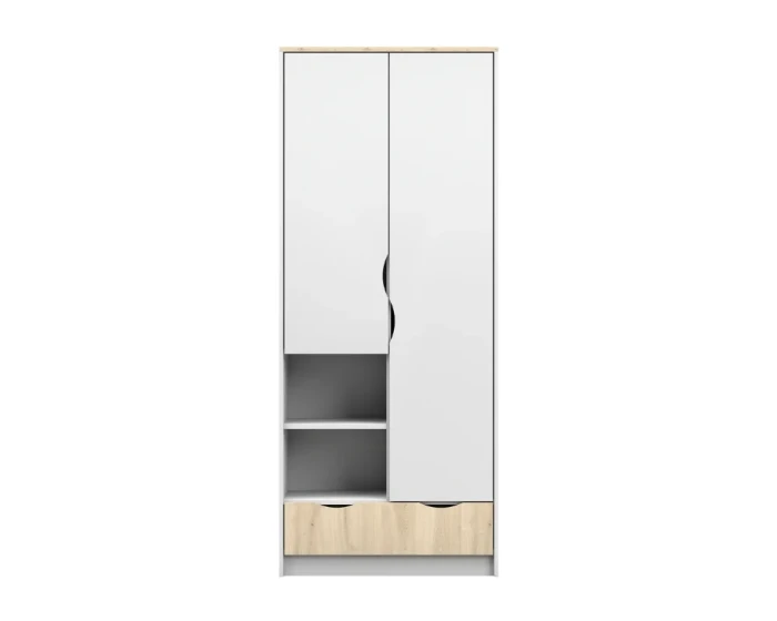 Moderner Kleiderschrank in Weiß und Eiche mit offenen Regalfächern und Schublade.
