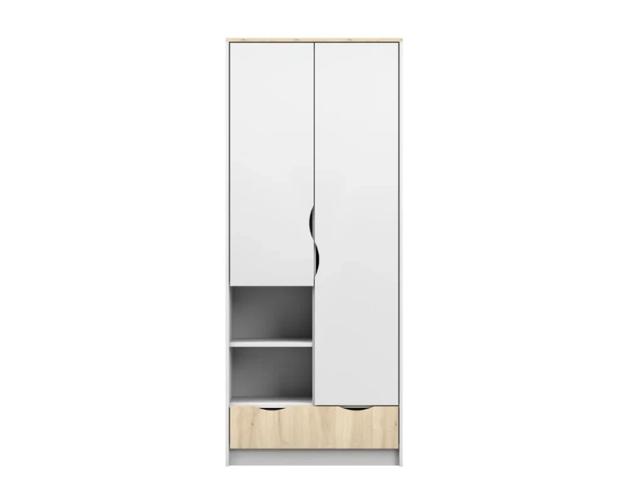 Moderner Kleiderschrank in Weiß und Eiche mit offenen Regalfächern und Schublade.