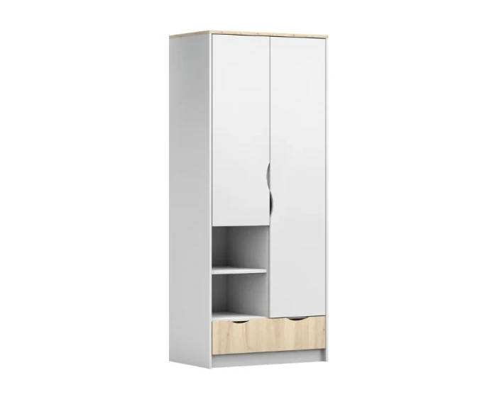 Schmaler zweitüriger Kleiderschrank weiß-eiche, Ansicht von vorne links.