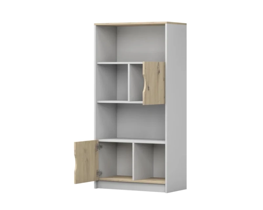 Bücherregal mit Türen und offenen Fächern in Weiß und Eiche aus der JUMI Serie.