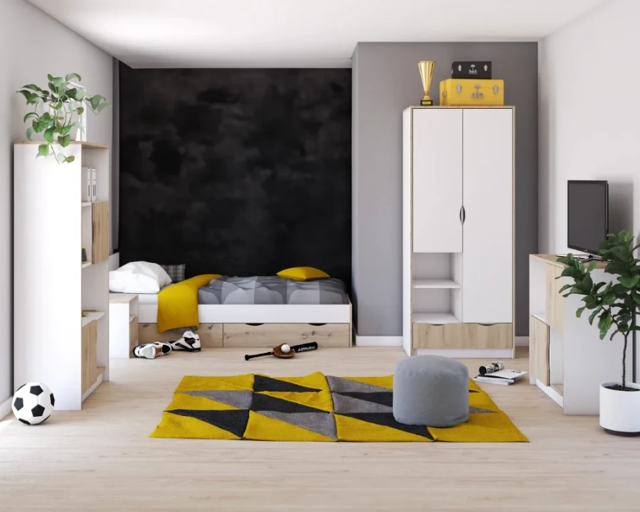 Modernes Jugendzimmer-Set JUMI in Weiß-Eiche mit Bett, Kleiderschrank und Regal in Wohnambiente.