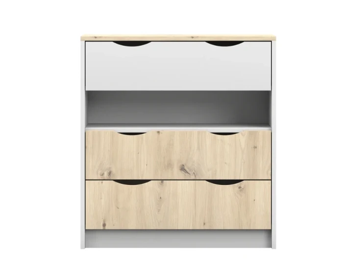 Detailansicht einer Jumi Kommode in Weiß und Eiche mit Schubladen und modernem Design.