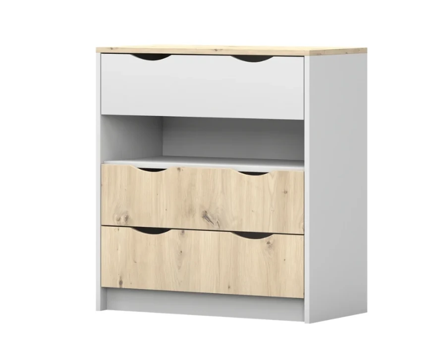 Moderne Kommode in Weiß und Eiche-Optik mit drei Schubladen für das Schlafzimmer.