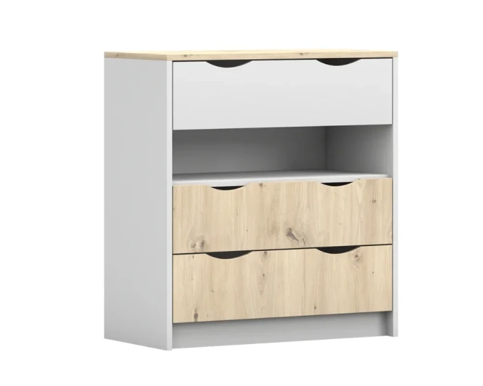 Weiße Kommode mit Holz-Elementen, drei geräumigen Schubladen und offenem Fach.