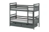 Dark grey bunk bed made of solid wood with two drawers on a white background.
