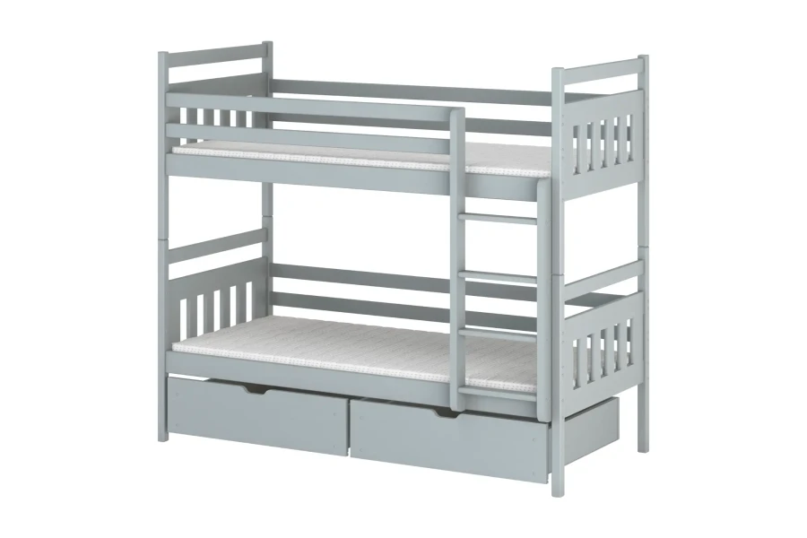 Grijs stapelbed van massief hout met bedlade en ladder voor twee kinderen.