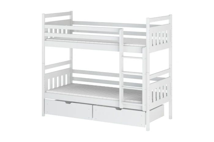 Weißes Etagenbett aus Holz für Kinder mit zwei praktischen Schubladen und Leiter.