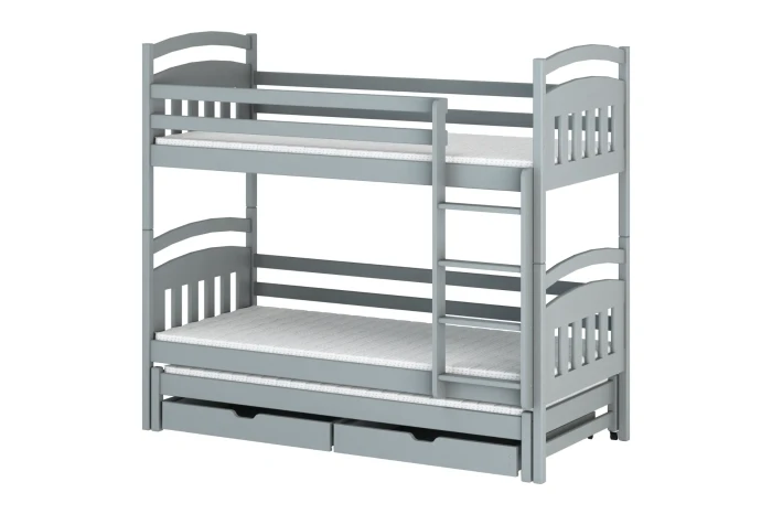 Modern houten stapelbed in grijs met extra uitschuifbed en twee laden.