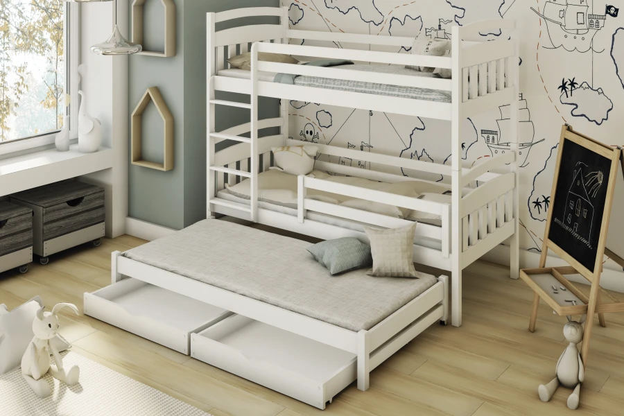 Weißes Etagenbett mit drittem Ausziehbett und Schubladen im Kinderzimmer.